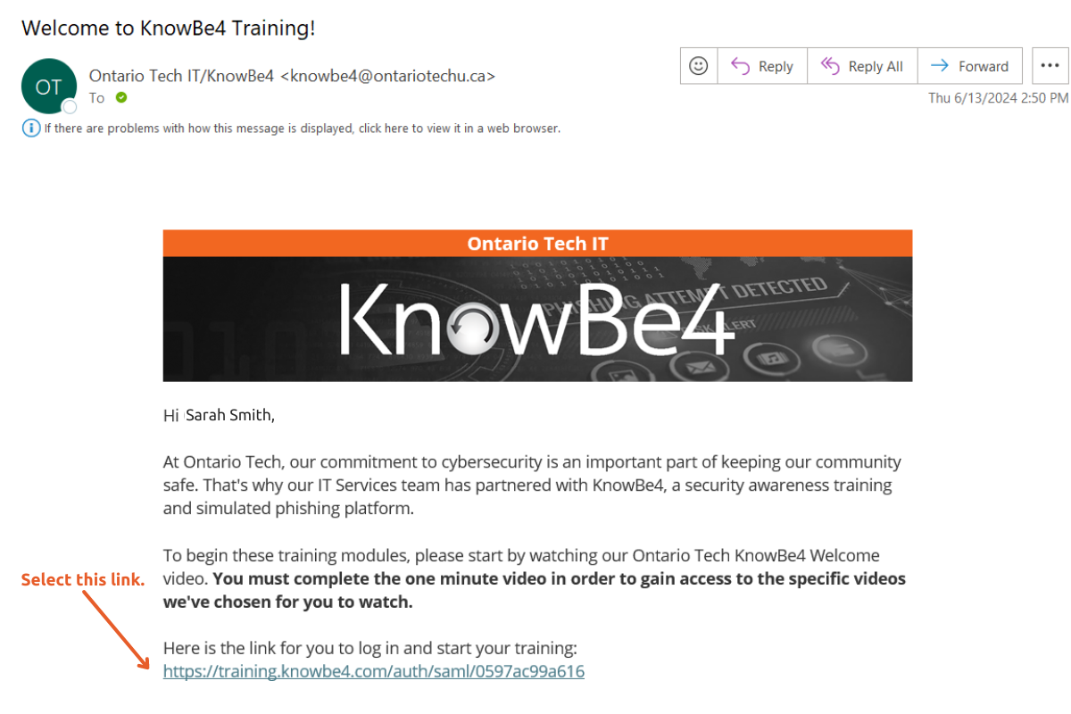 KnowBe4 email link screenshot